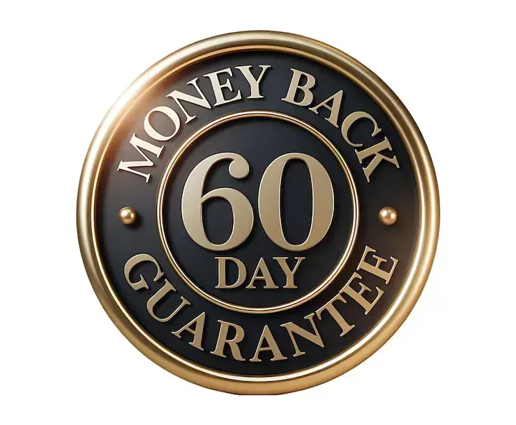 Purisaki 60-day money-back guarantee gold badge.